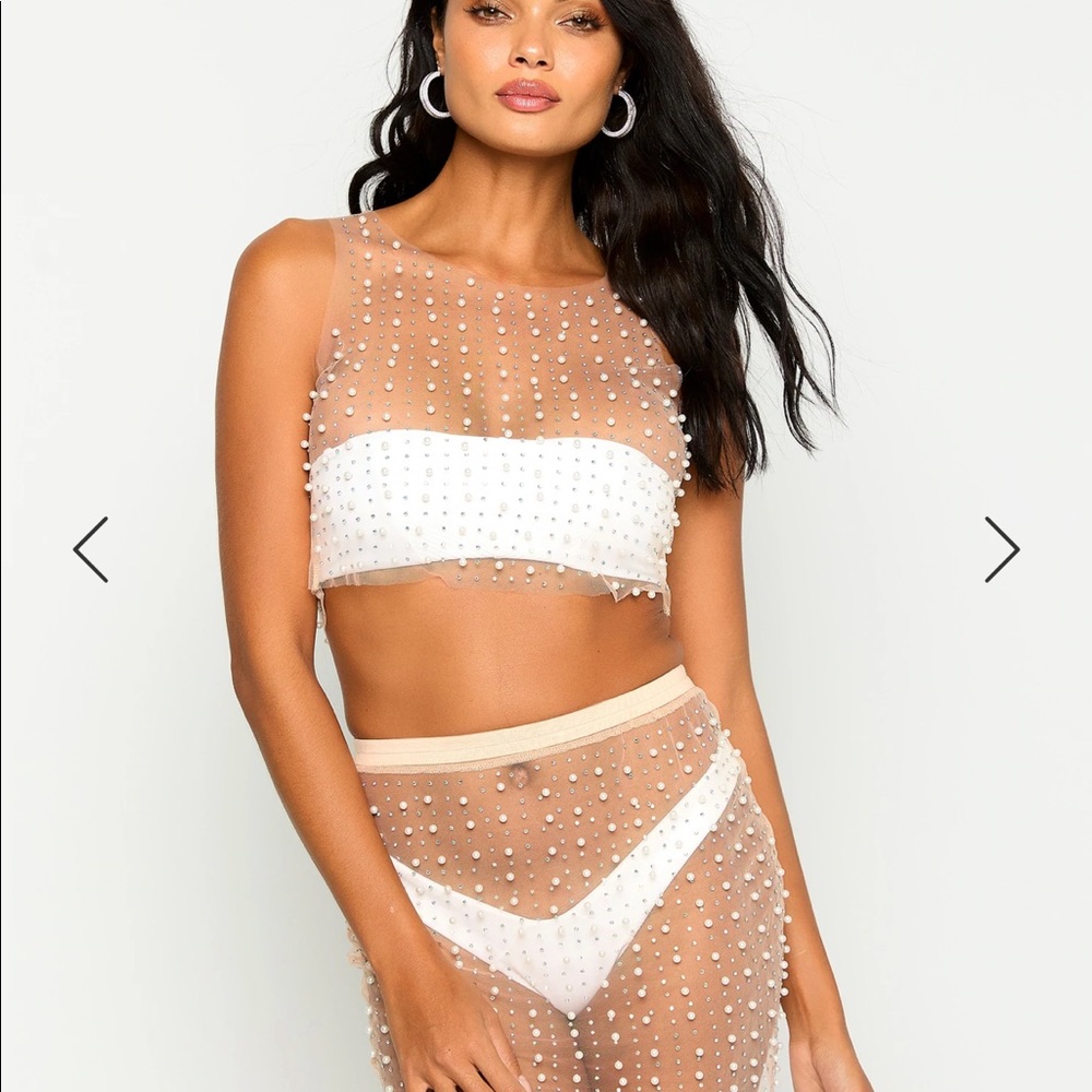 Glitzy Girl Mesh Pearl Top & Skirt Set in Nude